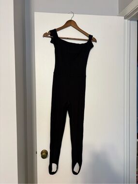 Free People Black Off-Shoulder Stirrup Jumpsuit